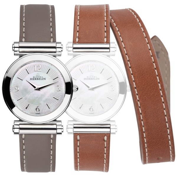 Montre Michel Herbelin Coffret Antarès quartz cadran nacre bracelets cuir gris et brun 29 mm