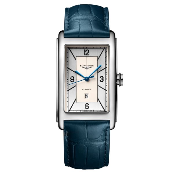 Montre Longines DolceVita automatique cadran argent bracelet cuir croco bleu 28,20 x 47 mm L5.767.4.73.9