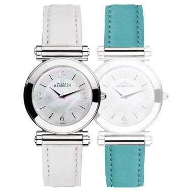 Montre Michel Herbelin Coffret Antarès quartz cadran nacre bracelets cuir blanc et turquoise 29 mm