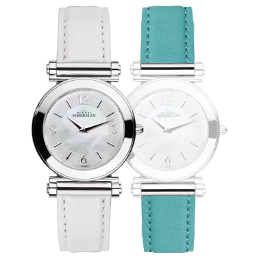 Montre Michel Herbelin Coffret Antarès quartz cadran nacre bracelets cuir blanc et turquoise 29 mm