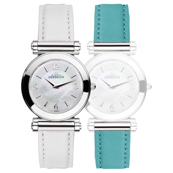 Montre Michel Herbelin Coffret Antarès quartz cadran nacre bracelets cuir blanc et turquoise 29 mm