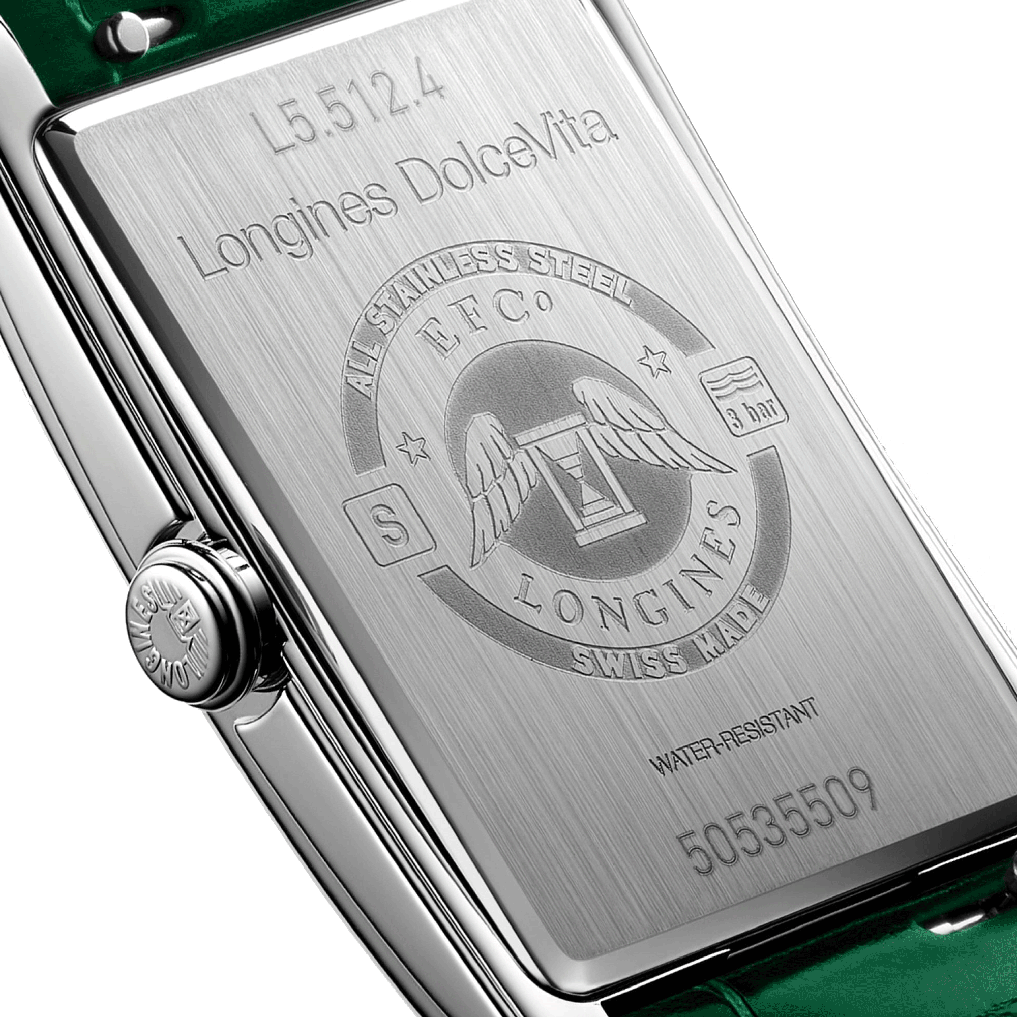 Longines DolceVita quartz watch silver dial green leather strap 23,30 x 37 mm