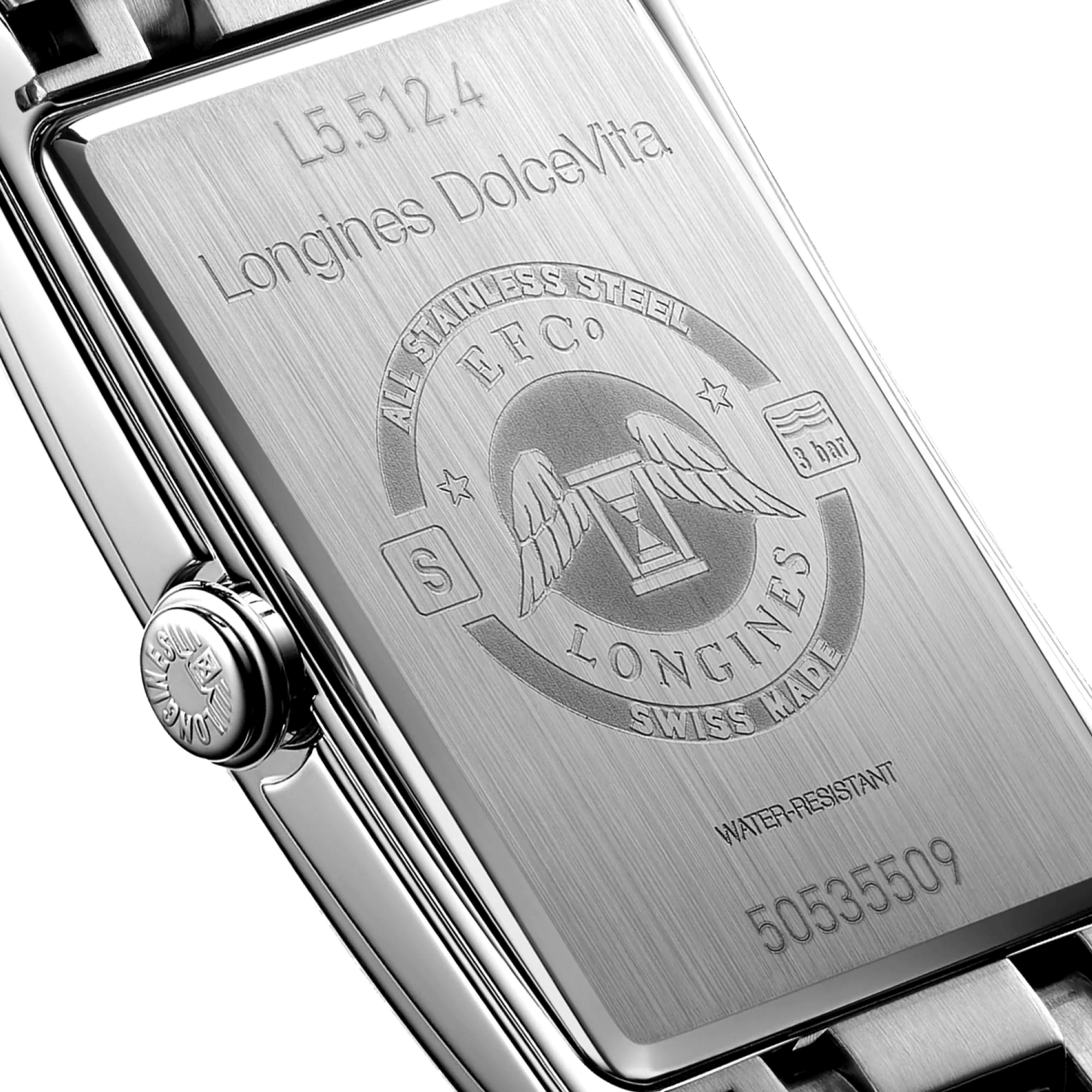 Montre Longines DolceVita quartz cadran blanc bracelet acier 23,30 x 37 mm L5.512.4.75.6