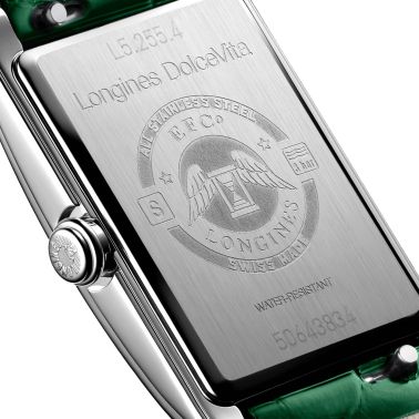Montre Longines DolceVita quartz cadran argenté bracelet cuir vert 20,80 x 32 mm L5.255.4.71.A