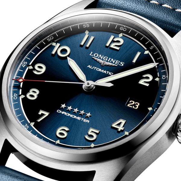 Longines Spirit automatic watch blue dial blue leather strap 40 mm