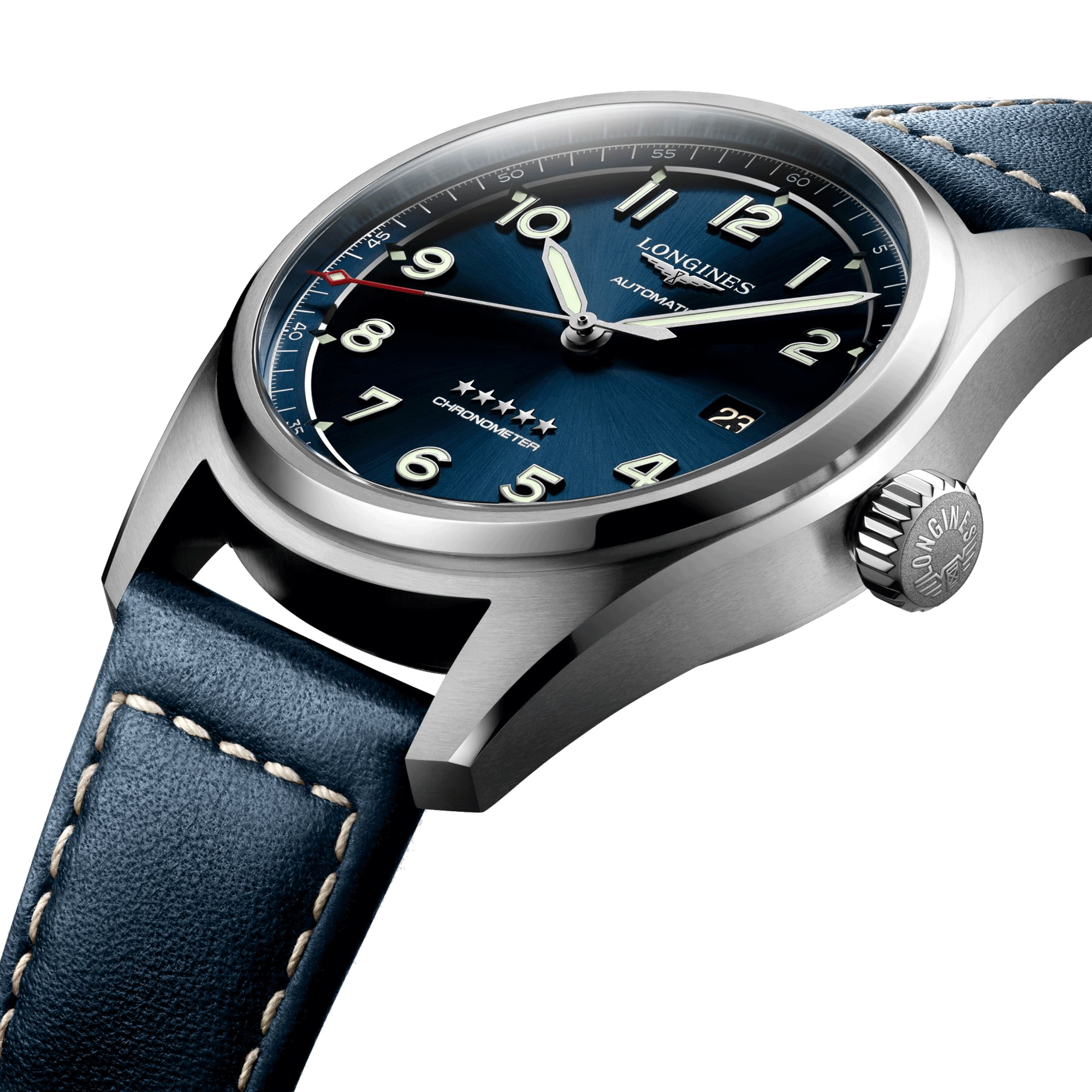 Longines Spirit automatic watch blue dial blue leather strap 40 mm