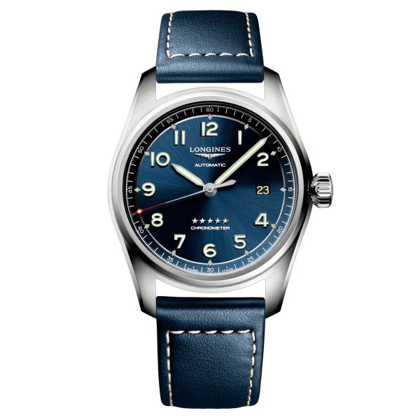 Longines Spirit automatic watch blue dial blue leather strap 40 mm