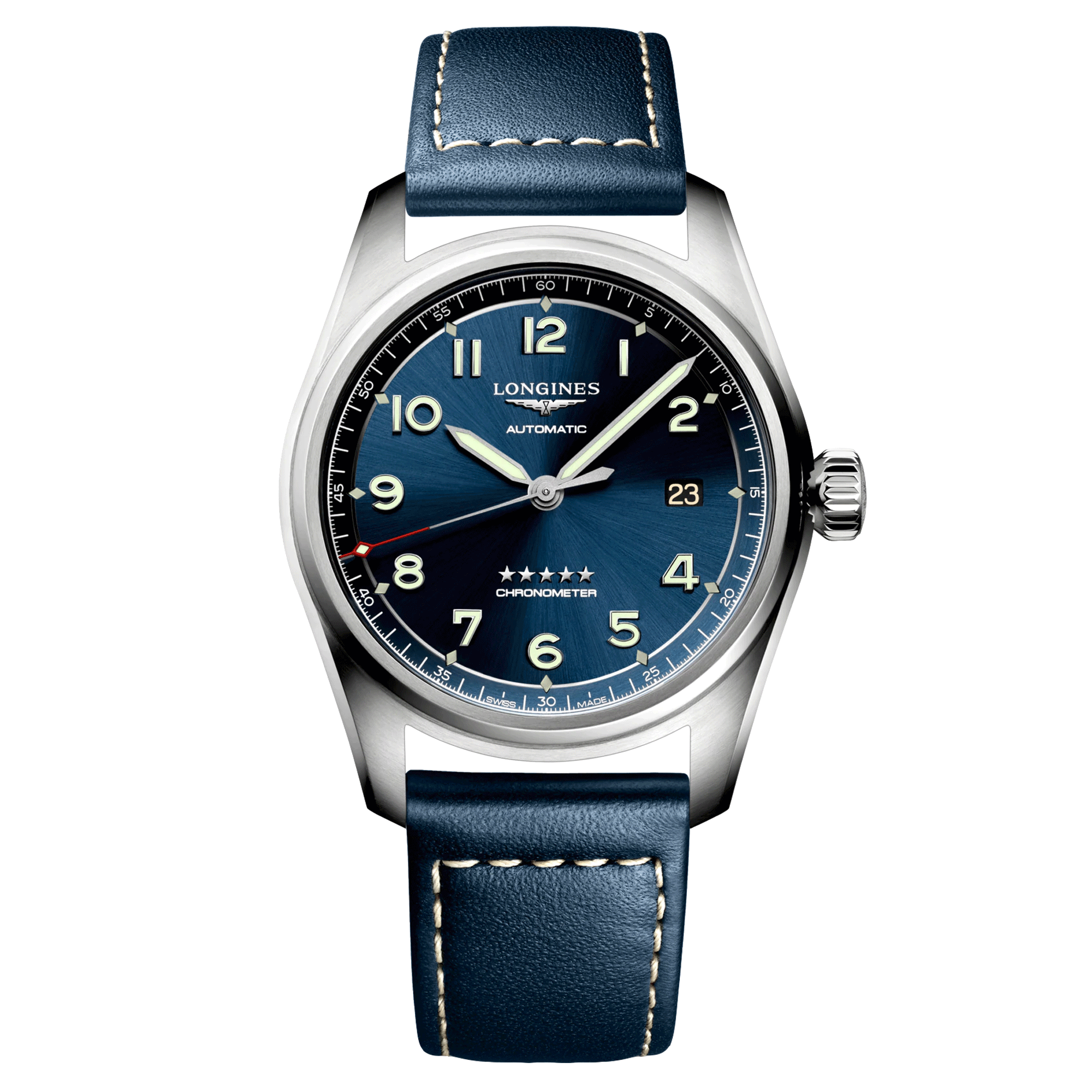 Longines Spirit automatic watch blue dial blue leather strap 40 mm