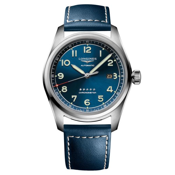 Longines Spirit automatic watch blue dial blue leather strap 42 mm