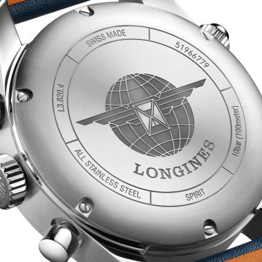 Longines Spirit automatic chronograph watch blue dial blue leather strap 42 mm