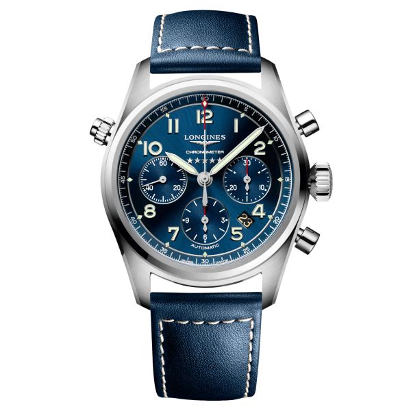 Longines Spirit automatic chronograph watch blue dial blue leather strap 42 mm
