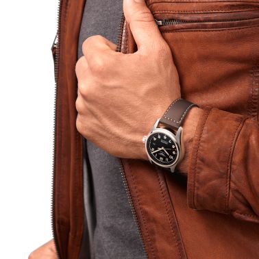 Longines Spirit automatic watch black dial brown leather strap 40 mm