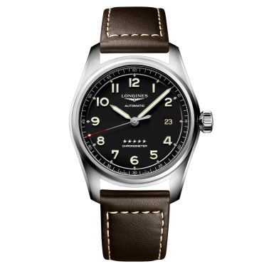 Longines Spirit automatic watch black dial brown leather strap 40 mm