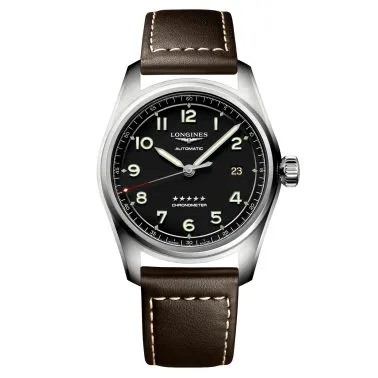 Longines Spirit automatic watch black dial brown leather strap 40 mm
