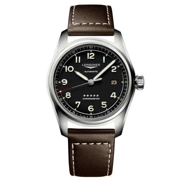 Longines Spirit automatic watch black dial brown leather strap 40 mm