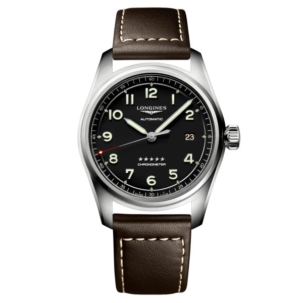 Montre Longines Spirit automatique cadran noir bracelet cuir marron 40 mm L3.810.4.53.0