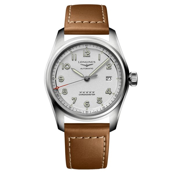 Longines Spirit automatic watch silver dial and brown leather strap 40 mm