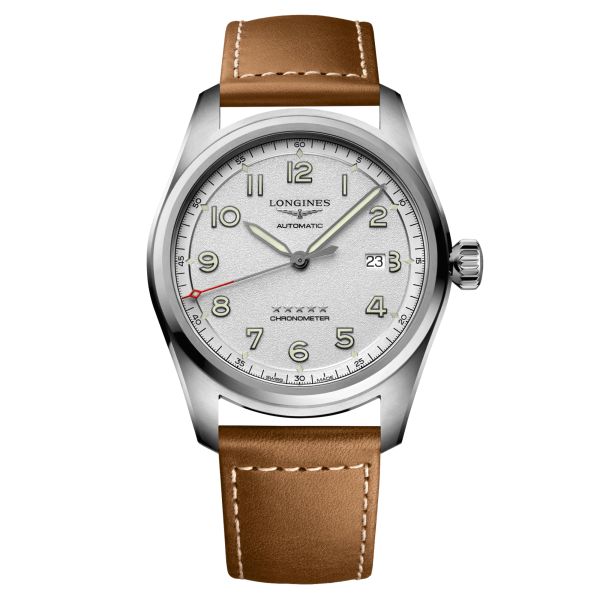 Longines Spirit automatic watch silver dial brown leather strap 42 mm