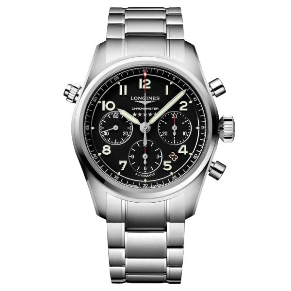 Longines Spirit automatic chronograph watch black dial stainless steel bracelet 42 mm