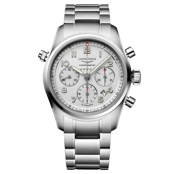 Longines Spirit automatic chronograph watch silver dial stainless steel bracelet 42 mm