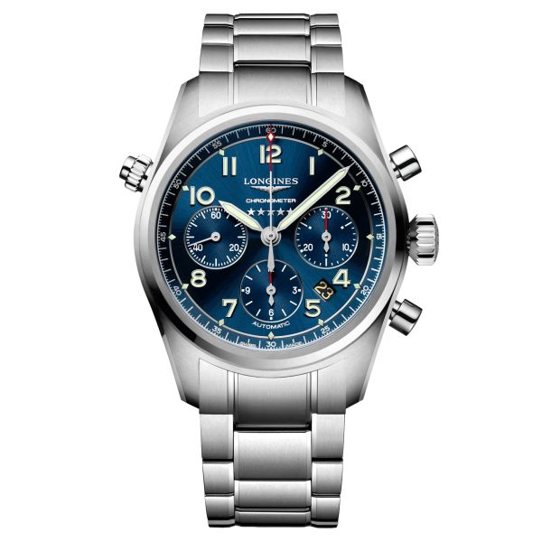 Longines Spirit automatic chronograph watch blue dial steel bracelet 42 mm