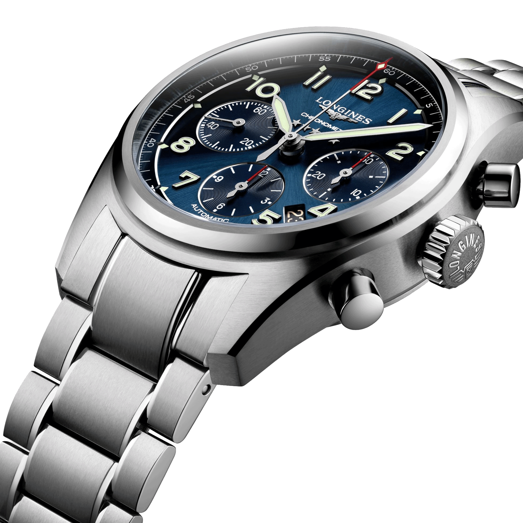 Longines Spirit automatic chronograph watch blue dial steel bracelet 42 mm