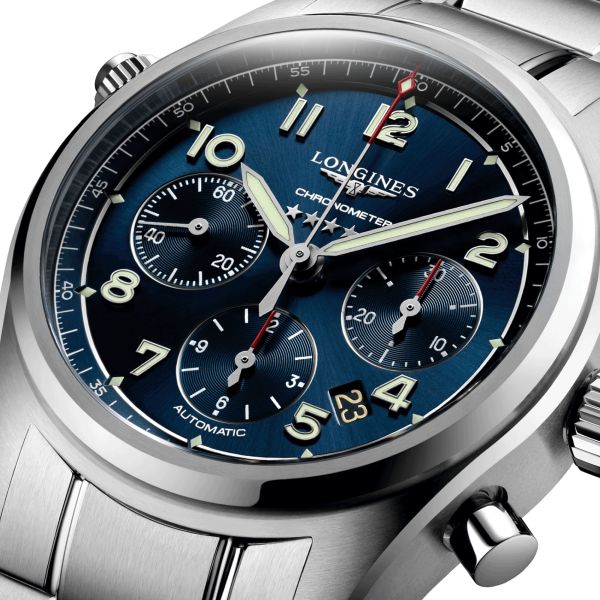 Longines Spirit automatic chronograph watch blue dial steel bracelet 42 mm