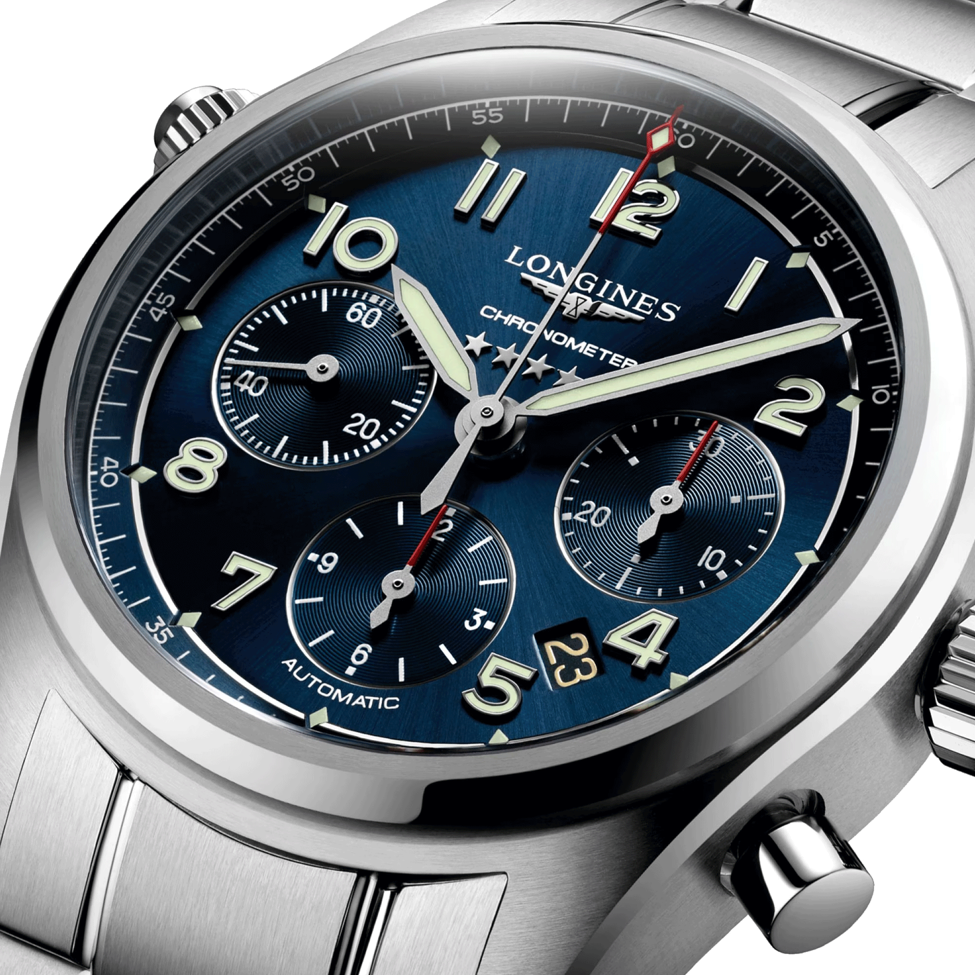 Longines Spirit automatic chronograph watch blue dial steel bracelet 42 mm