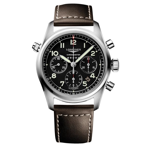 Longines Spirit automatic chronograph watch black dial brown leather strap 42 mm