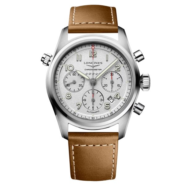 Longines Spirit automatic chronograph watch silver dial brown leather strap 42 mm