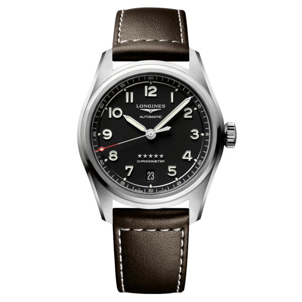 Montre Longines Spirit automatique cadran noir bracelet cuir brun 37 mm L3.410.4.53.0