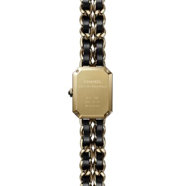 Montre CHANEL Première Edition Originale quartz cadran laqué noir bracelet acier or jaune et cuir noir 20 mm H6951