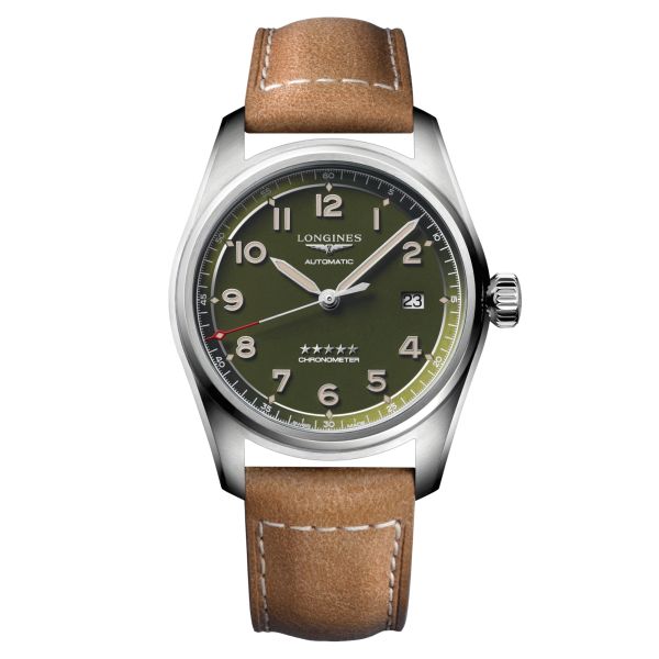 Longines Spirit automatic watch green dial brown leather strap 40 mm