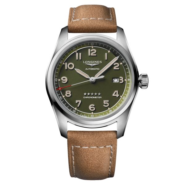 Longines Spirit automatic watch green dial brown leather strap 42 mm