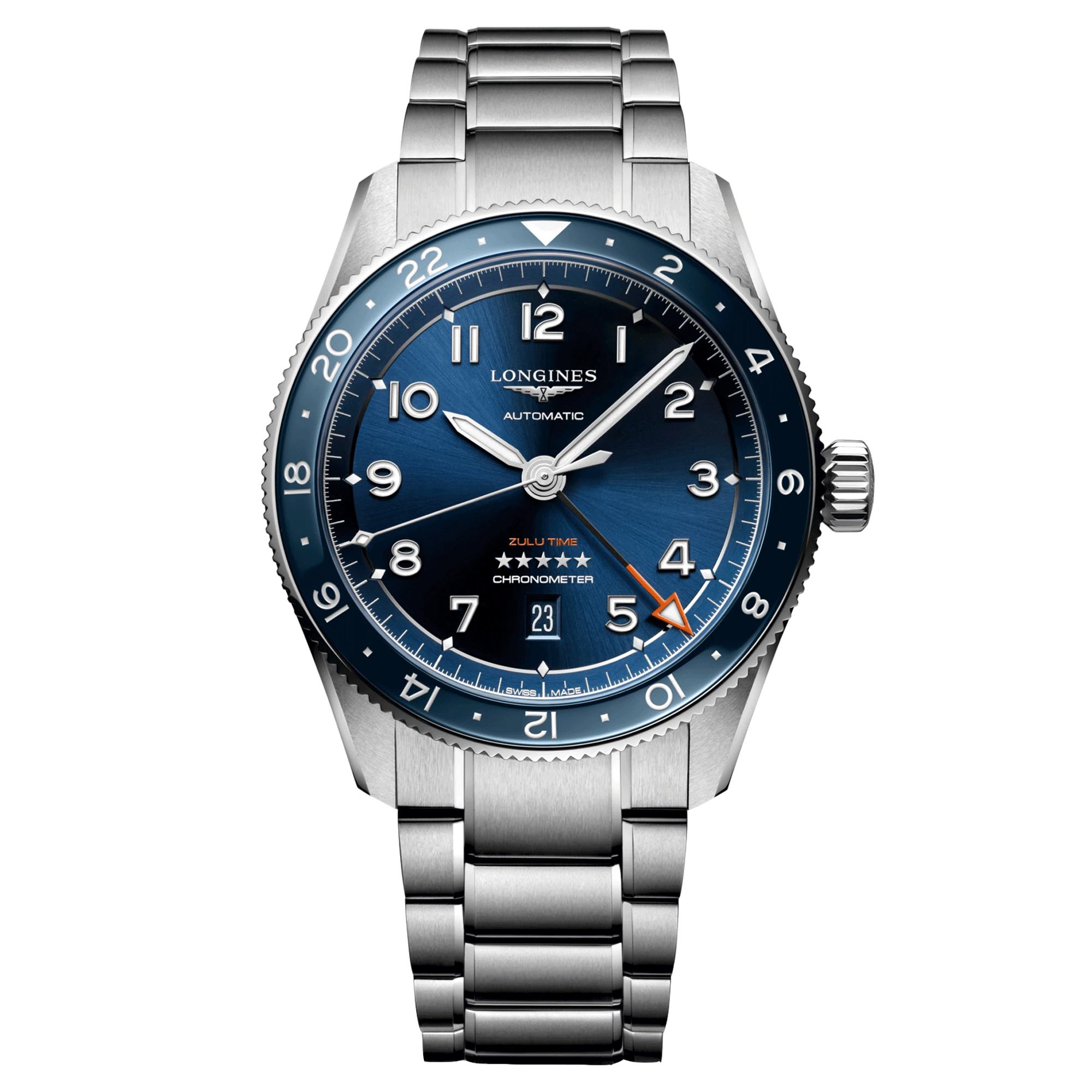 Longines Spirit Zulu Time automatic watch blue dial steel bracelet 42 mm