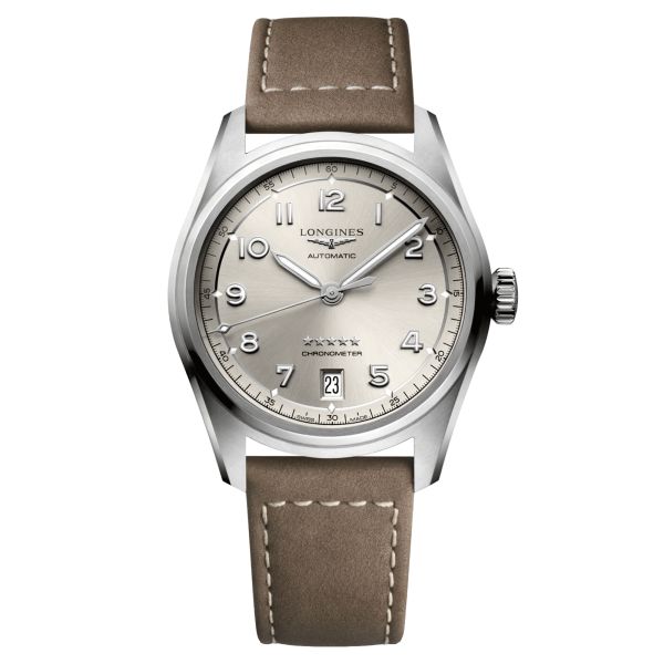 Montre Longines Spirit automatique cadran champagne bracelet cuir beige 37 mm L3.410.4.63.2