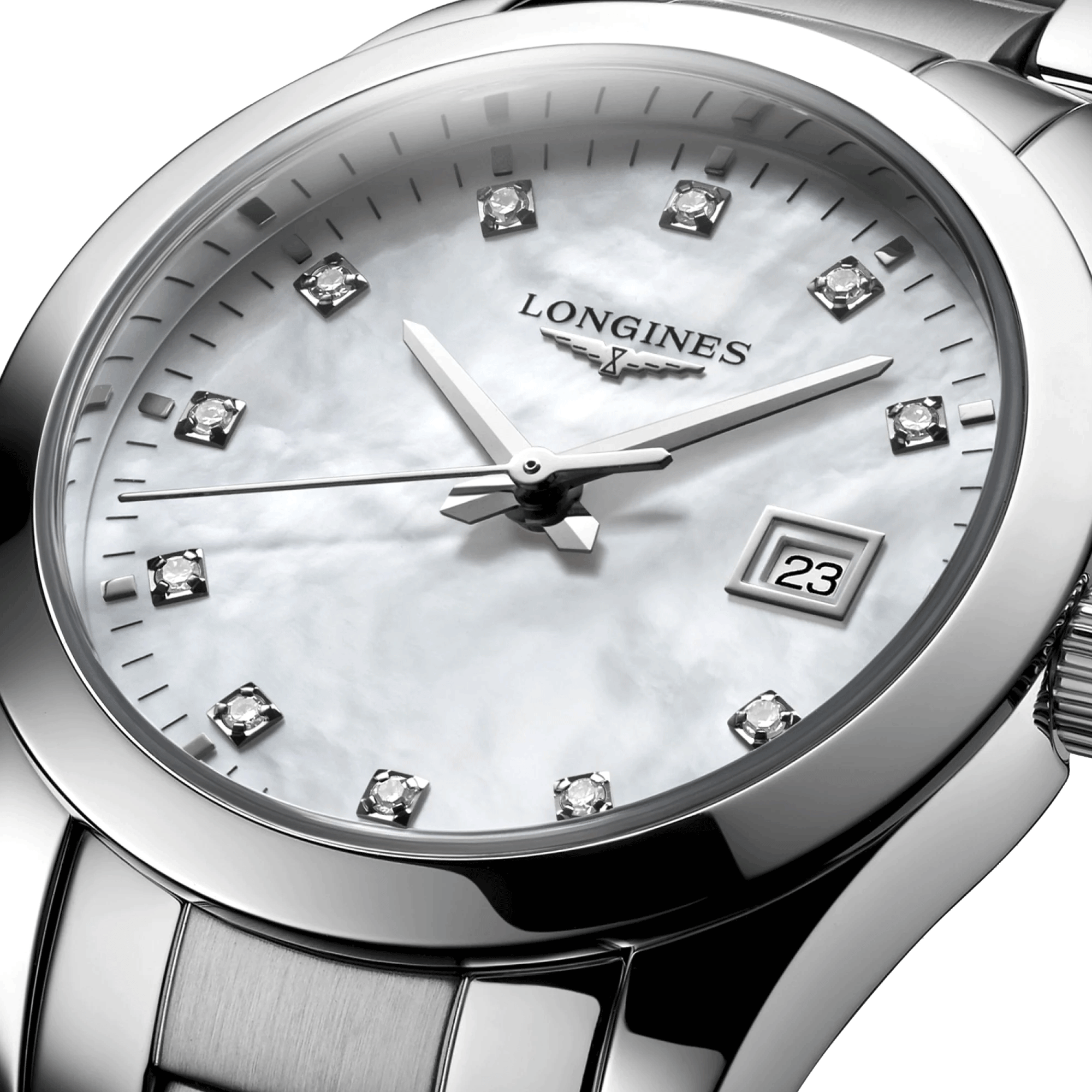 Montre Longines Conquest Classic quartz cadran nacre blanche bracelet acier 29,5 mm L2.286.4.87.6