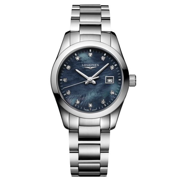 Montre Longines Conquest Classic quartz cadran nacre noire index diamants bracelet acier 29,5 mm