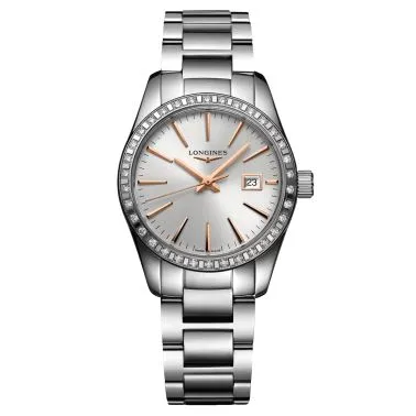 Montre Longines Conquest Classic quartz cadran argenté lunette sertie bracelet acier 29,5 mm L2.286.0.72.6