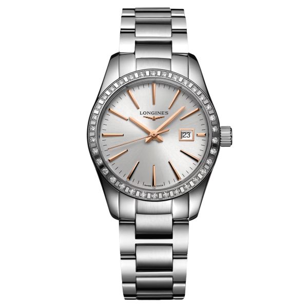 Montre Longines Conquest Classic quartz cadran argenté lunette sertie bracelet acier 29,5 mm