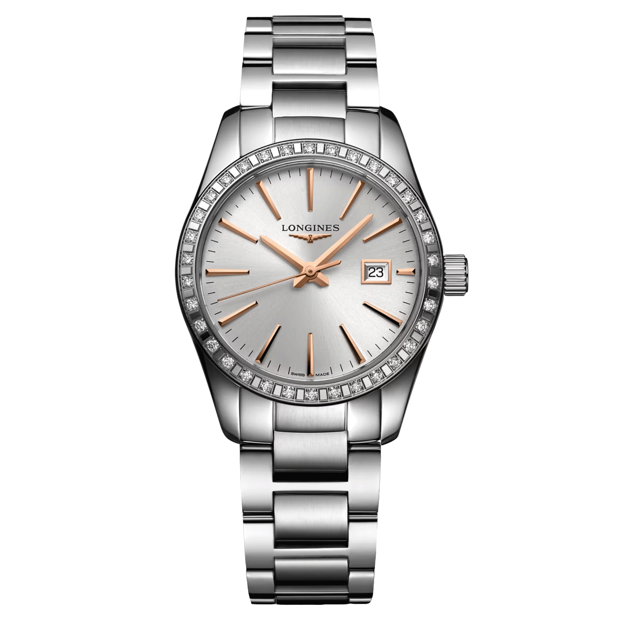 Montre Longines Conquest Classic quartz cadran argenté lunette sertie bracelet acier 29,5 mm L2.286.0.72.6