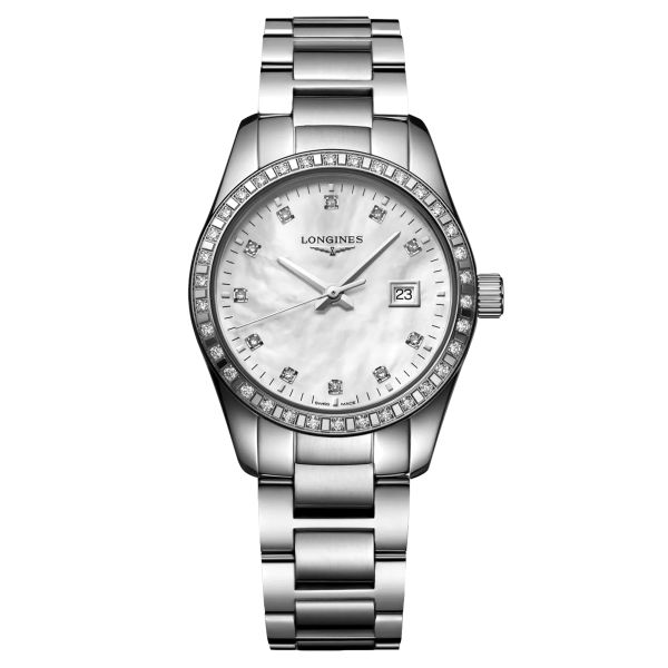 Montre Longines Conquest Classic quartz cadran nacre blanche lunette sertie bracelet acier 29,5 mm