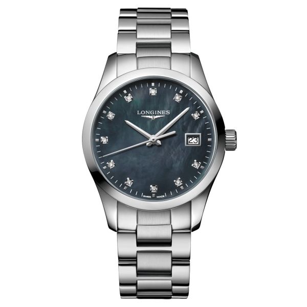 Longines Conquest Classic quartz watch black mother-of-pearl dial diamond markers steel bracelet 34 mm