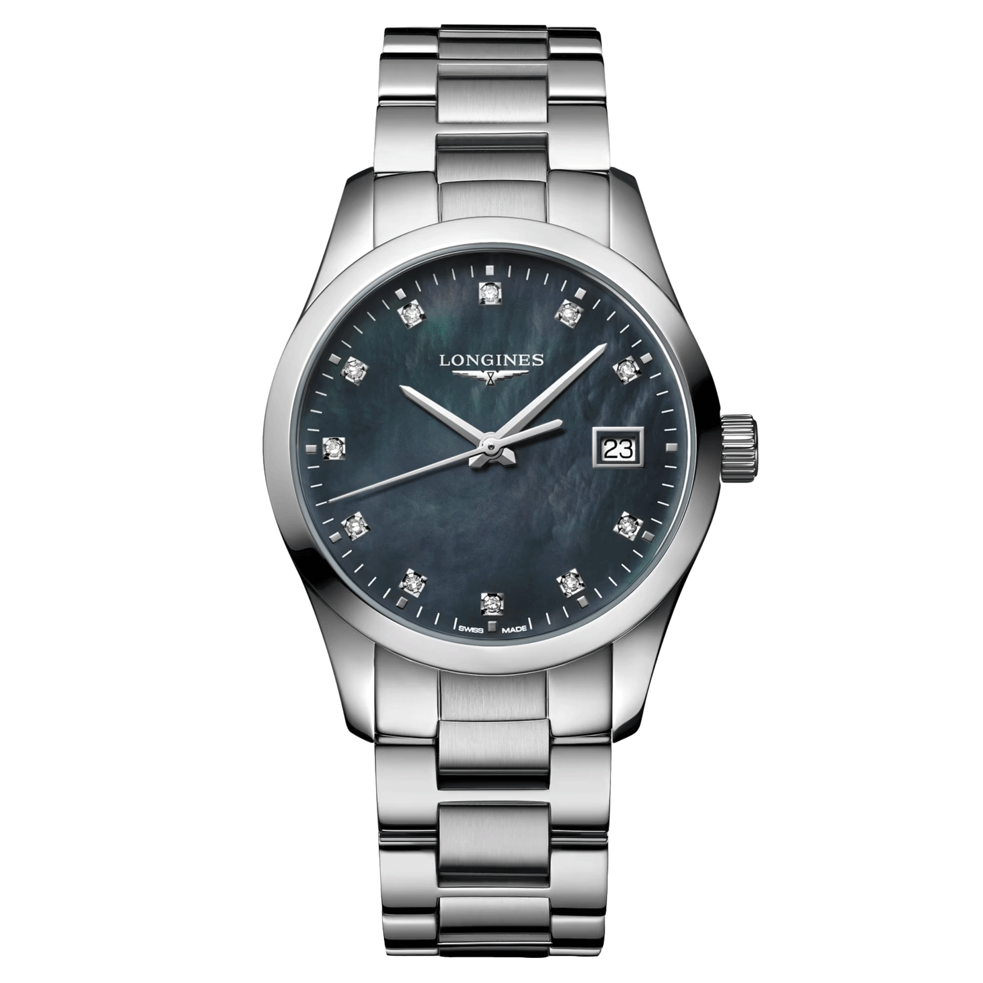 Longines Conquest Classic quartz watch black mother-of-pearl dial diamond markers steel bracelet 34 mm