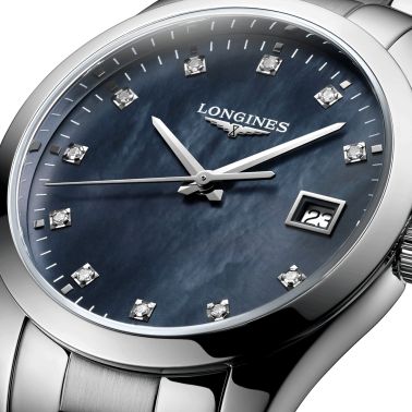 Longines Conquest Classic quartz watch black mother-of-pearl dial diamond markers steel bracelet 34 mm