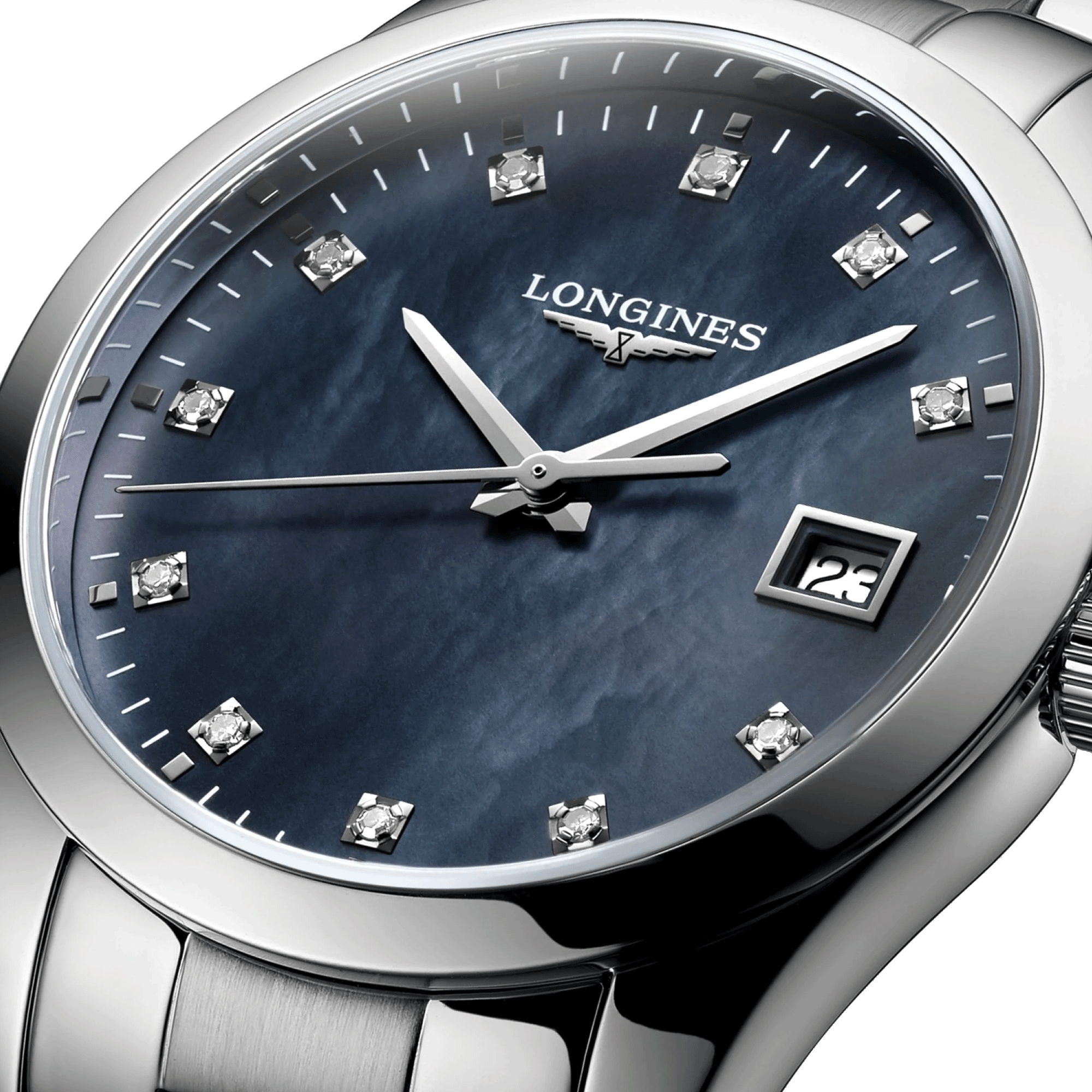 Longines Conquest Classic quartz watch black mother-of-pearl dial diamond markers steel bracelet 34 mm