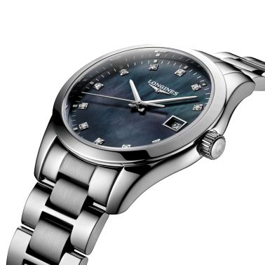 Longines Conquest Classic quartz watch black mother-of-pearl dial diamond markers steel bracelet 34 mm