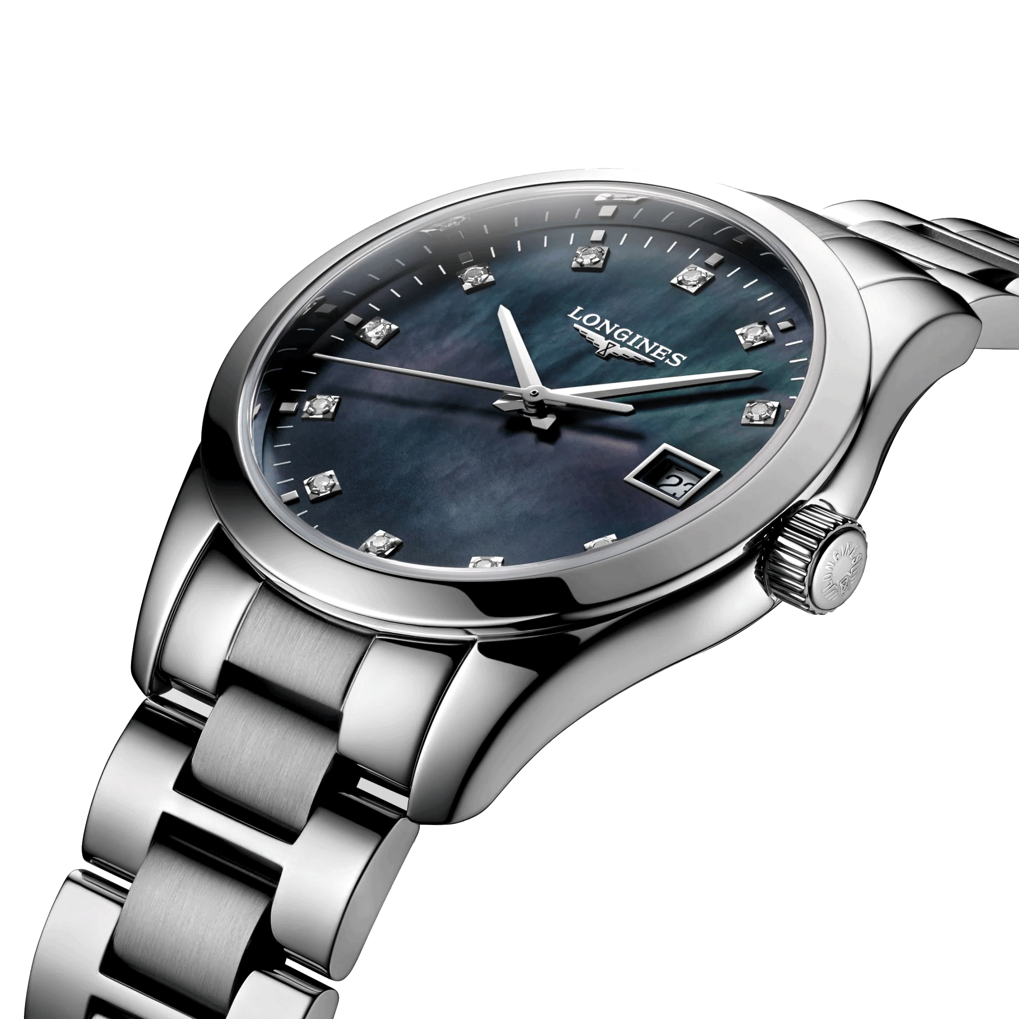 Longines Conquest Classic quartz watch black mother-of-pearl dial diamond markers steel bracelet 34 mm