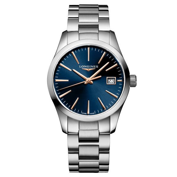 Montre Longines Conquest Classic quartz cadran bleu bracelet acier 34 mm