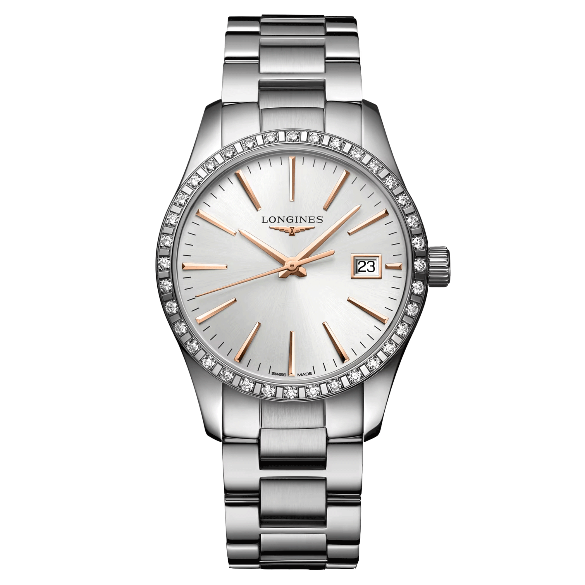 Montre Longines Conquest Classic quartz cadran argenté lunette sertie bracelet acier 34 mm L2.386.0.72.6